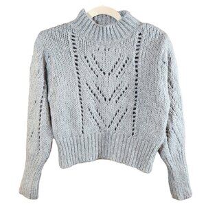 Zara Cropped Pointelle Knit Mock Neck Wool Blend Sweater in Blue Women's S